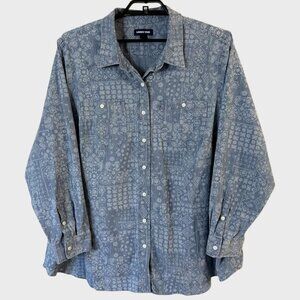 Lands' End Shirt Blue Women's 3X Chambray Button-Up Medallion Paisley Boho Print